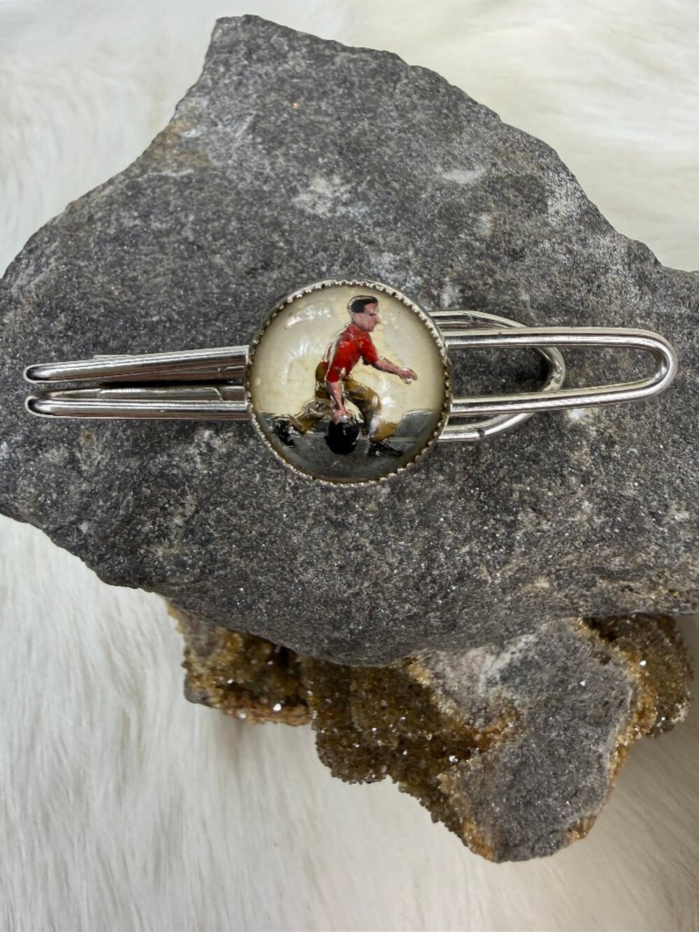 Vintage Reverse Painted Bowling Man Silver Tone Tie Bar .75" X 2"